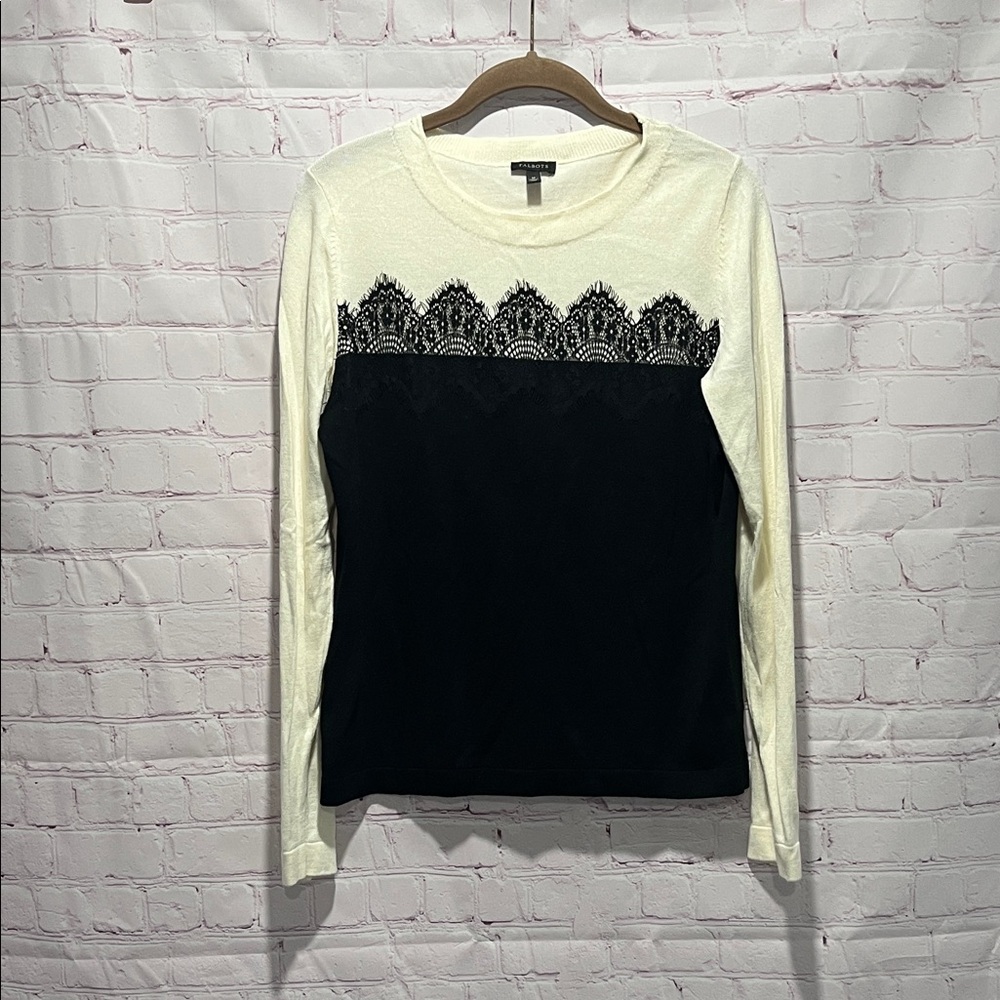Talbots Black and Cream Lace Lightweight Crewneck Sweater‎ Woman's Size Medium